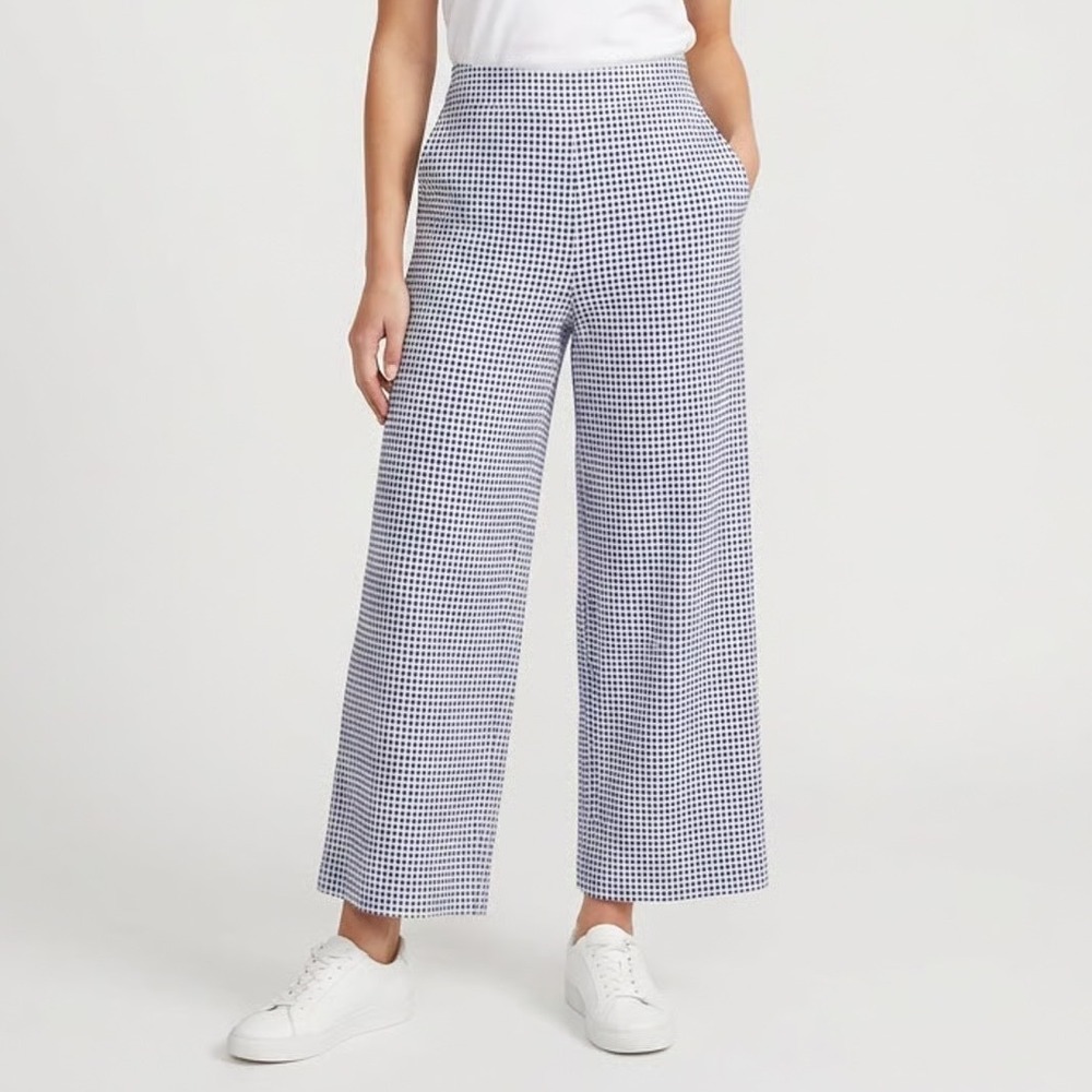 Marc Bouwer Unlimited Blue White Gingham Wide Leg Pants XL Textured Stretch SKU